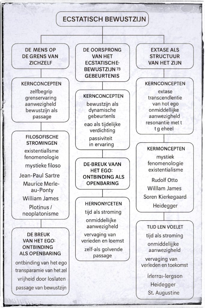 Conceptmap van Ecstatologisch Bewustzijn door Peter Albertema Overzichtelijke conceptmap die de kernideeën van ecstatologisch bewustzijn illustreert, inclusief ego, tijd, extase, ethiek, kunst en doorzichtige aanwezigheid, samengesteld door Peter Albertema.